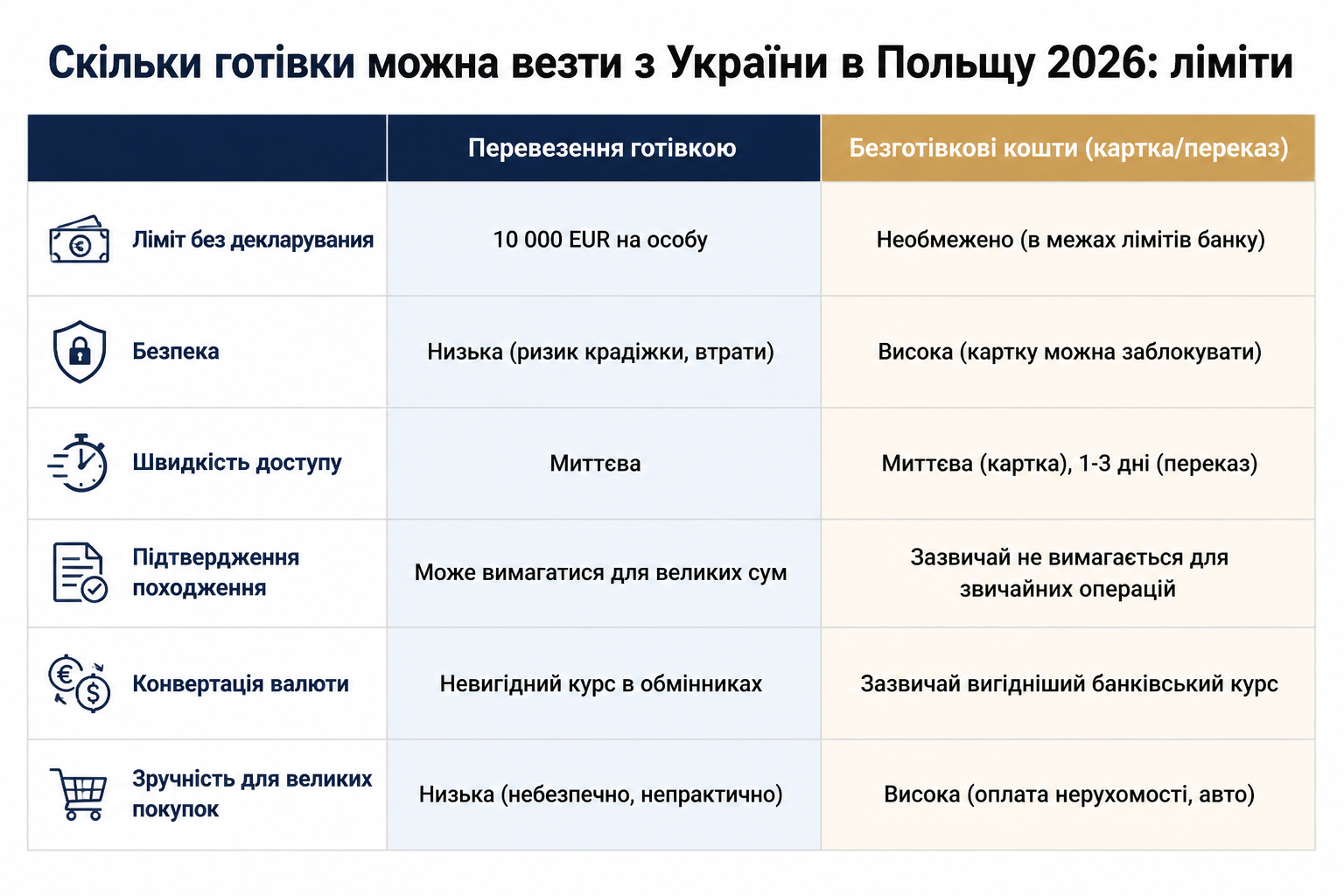Скільки готівки можна везти з України в Польщу 2026: ліміти