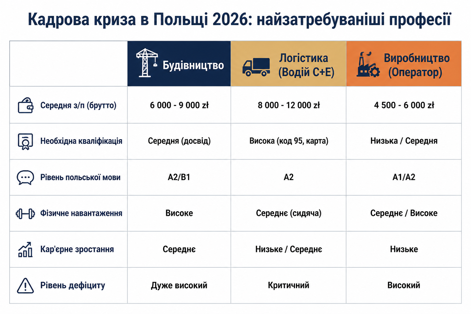 Кадрова криза в Польщі 2026: найзатребуваніші професії